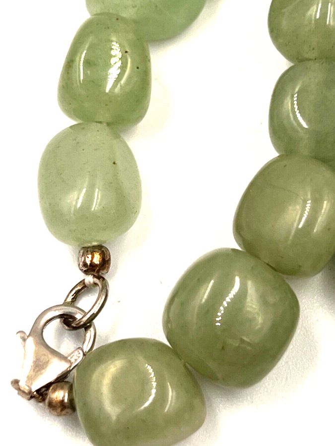 Antique Vintage Natural Polished Celadon Jadeite  Necklace Choker  Silver Clasp