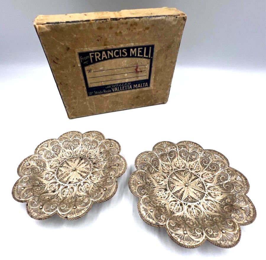 Antique Antique Maltese Silver Pair Filigree Dishes Plates FRANCIS MELI Original Box