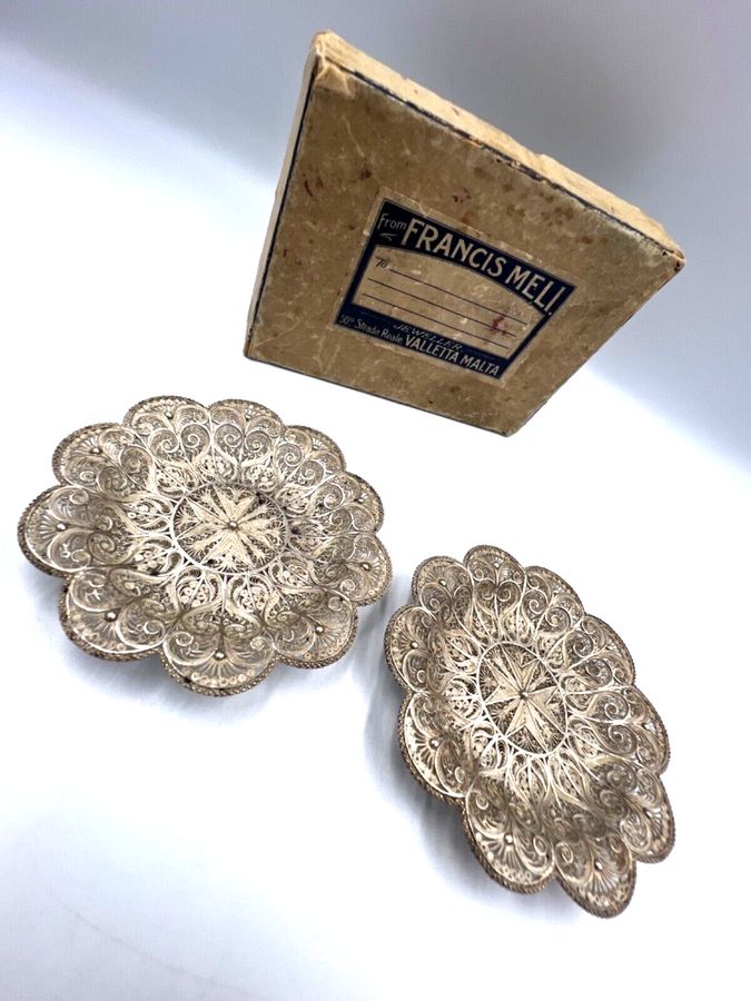 Antique Antique Maltese Silver Pair Filigree Dishes Plates FRANCIS MELI Original Box