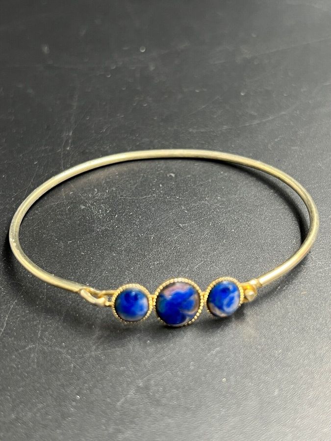 Antique Vintage Bangle Bracelet Set with Lapis Czech Blue