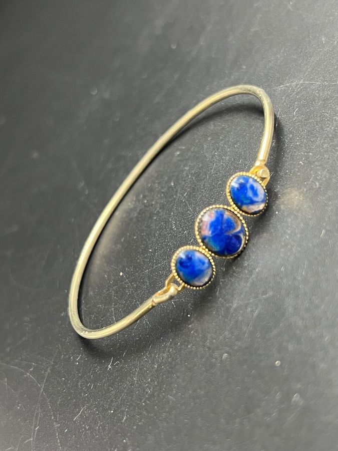 Antique Vintage Bangle Bracelet Set with Lapis Czech Blue