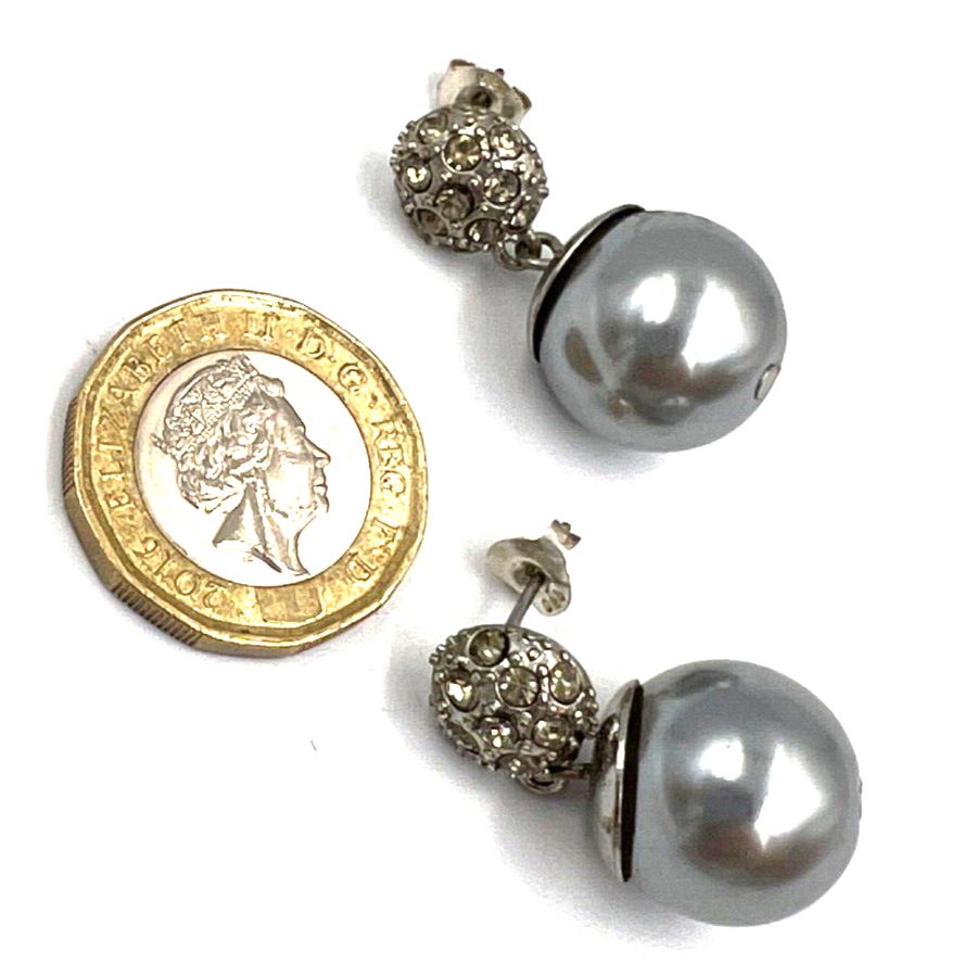 Antique Vintage Ex Large Faux Black Pearl Earrings Set with Clear Stones