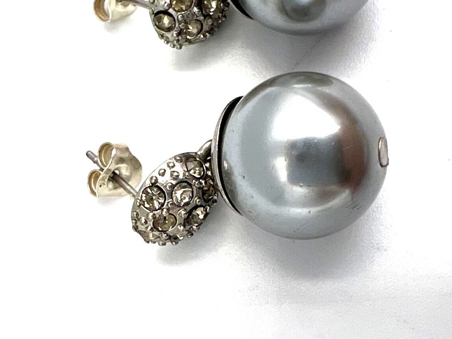 Antique Vintage Ex Large Faux Black Pearl Earrings Set with Clear Stones