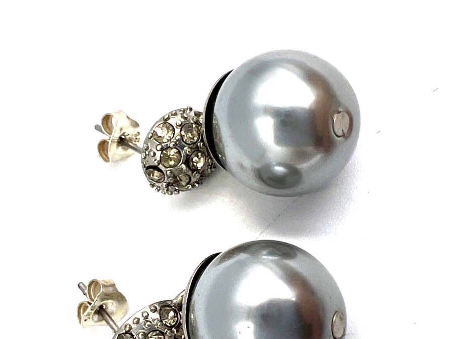 Antique Vintage Ex Large Faux Black Pearl Earrings Set with Clear Stones