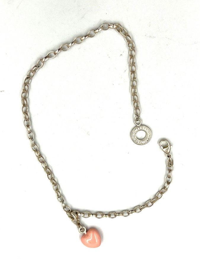 Antique Vintage Thomas Sabot Sterling Silver Bracelet & Pink Heart Charm Both Hallmarked