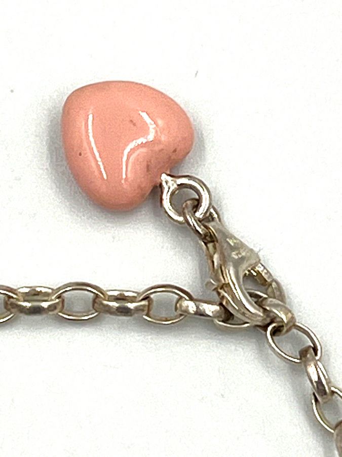 Antique Vintage Thomas Sabot Sterling Silver Bracelet & Pink Heart Charm Both Hallmarked