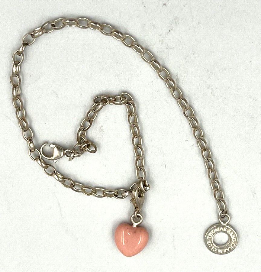 Antique Vintage Thomas Sabot Sterling Silver Bracelet & Pink Heart Charm Both Hallmarked