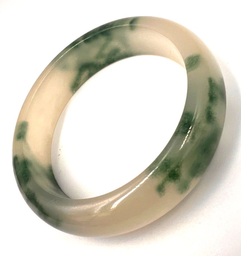 Antique Antique Art Deco Chinese Moss in Snow Translucent Jadeite  Bangle (1 of a Pair)