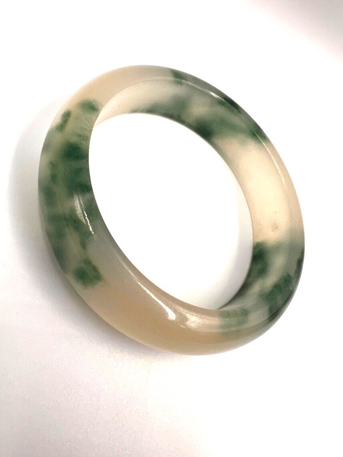 Antique Antique Art Deco Chinese Moss in Snow Translucent Jadeite  Bangle (1 of a Pair)