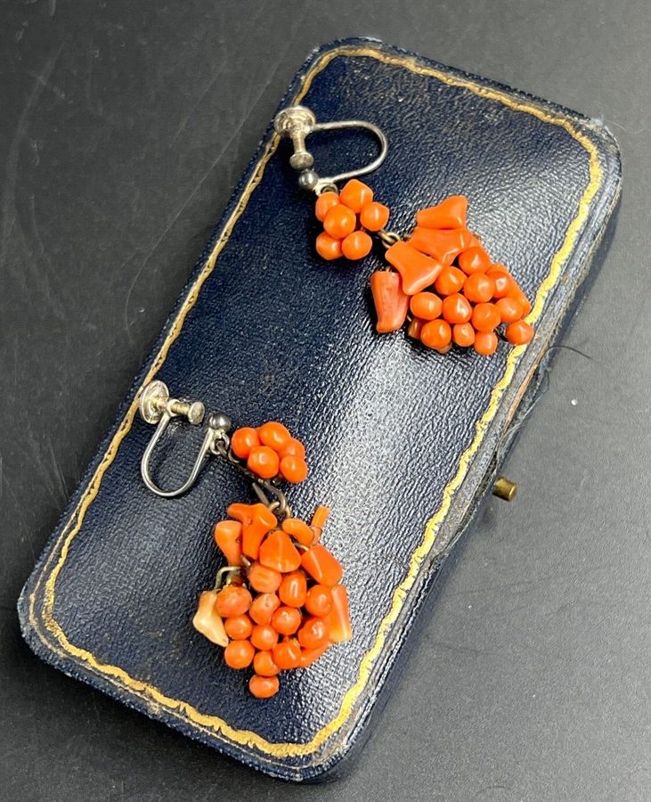 Antique Antique Victorian Natural Coral Grape Earrings Silver Screw Backs Hallmarked