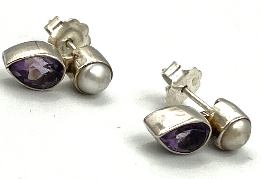 Antique Vintage Sterling Silver Natural Pearl & Amethyst Stud Earrings Pierced Ears