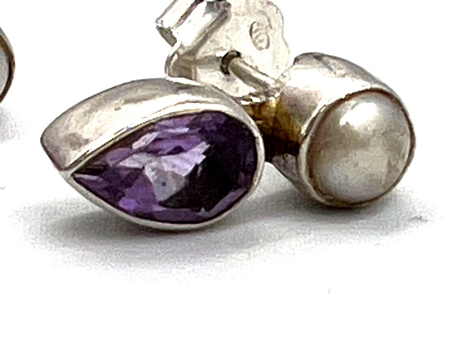 Antique Vintage Sterling Silver Natural Pearl & Amethyst Stud Earrings Pierced Ears