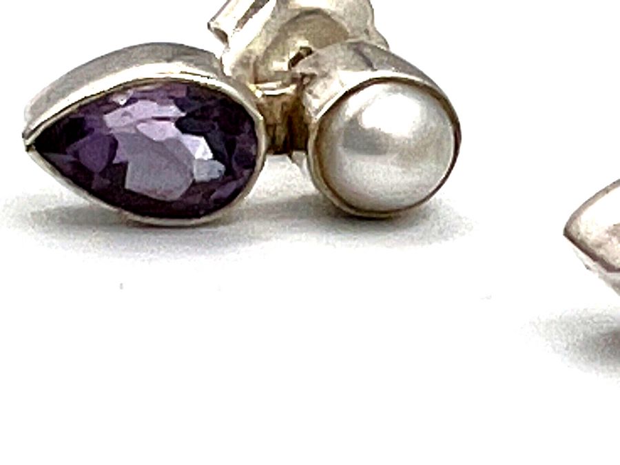 Antique Vintage Sterling Silver Natural Pearl & Amethyst Stud Earrings Pierced Ears