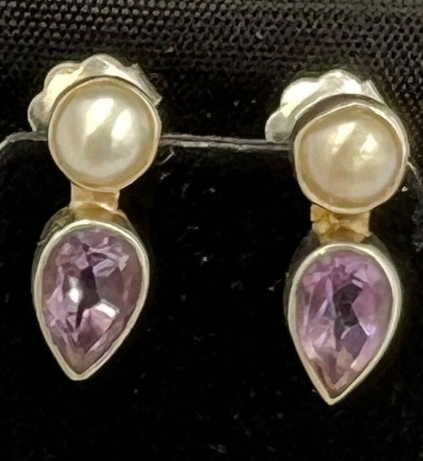 Antique Vintage Sterling Silver Natural Pearl & Amethyst Stud Earrings Pierced Ears