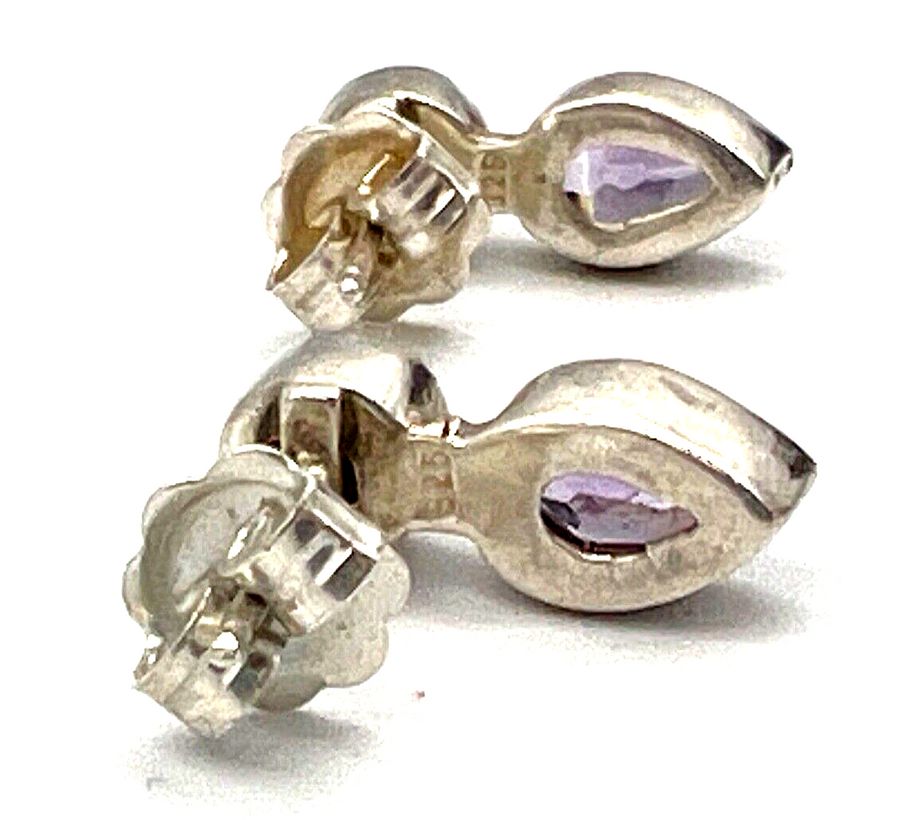 Antique Vintage Sterling Silver Natural Pearl & Amethyst Stud Earrings Pierced Ears