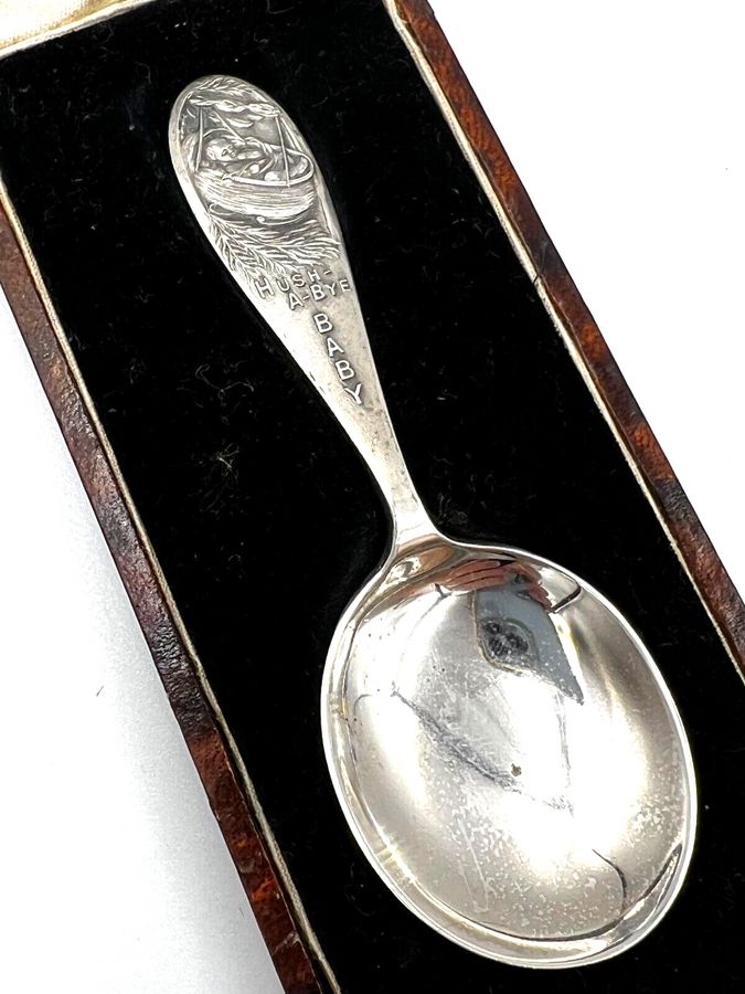 Antique Art Deco Sterling Silver Christening Spoon Boxed 1937 Hallmarked Birmingham