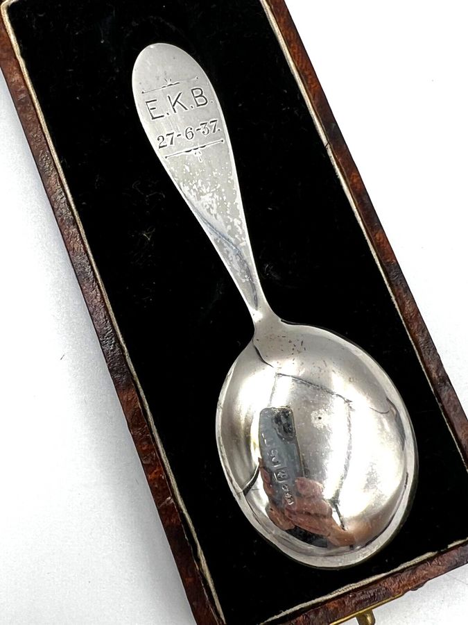 Antique Art Deco Sterling Silver Christening Spoon Boxed 1937 Hallmarked Birmingham