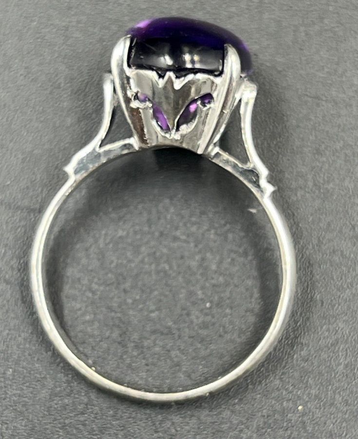 Antique Antique Art Deco 10CT White Gold Plated Ring Set with Amethyst Cabochon Size N