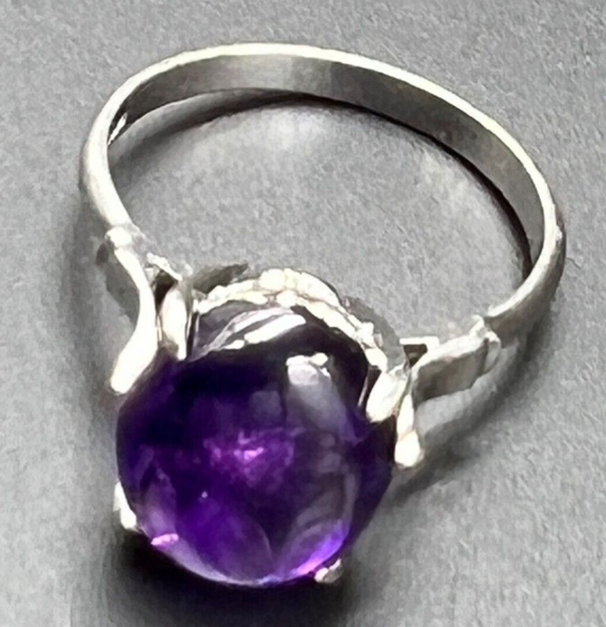 Antique Antique Art Deco 10CT White Gold Plated Ring Set with Amethyst Cabochon Size N