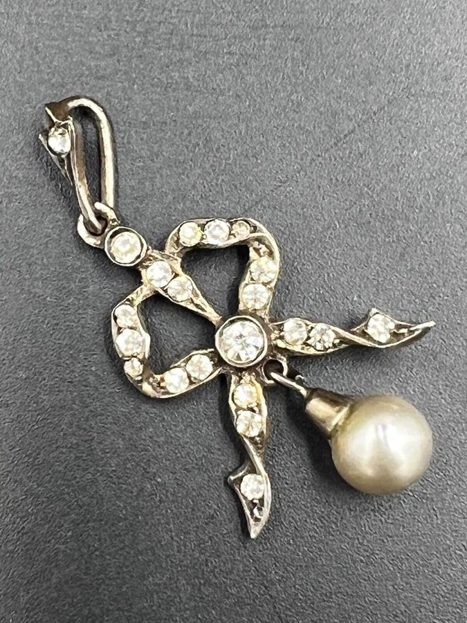 Antique Antique 800 Silver Pendant Set with Large Pearl and Clear Czech Stones