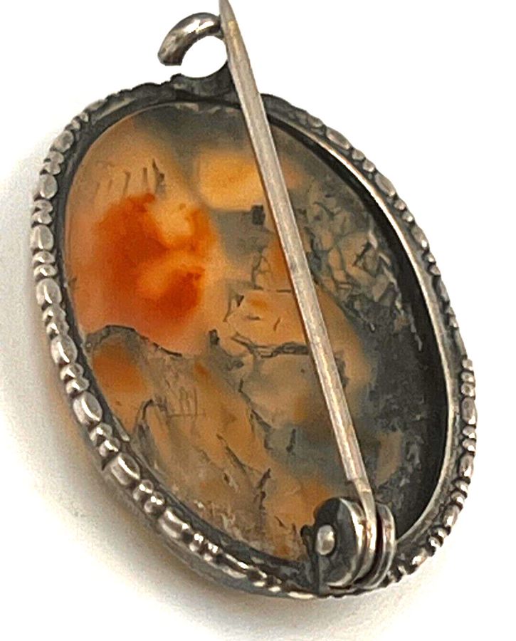 Antique Antique Victorian Oval Solid Silver & Dendritic Agate Chalcedony Brooch