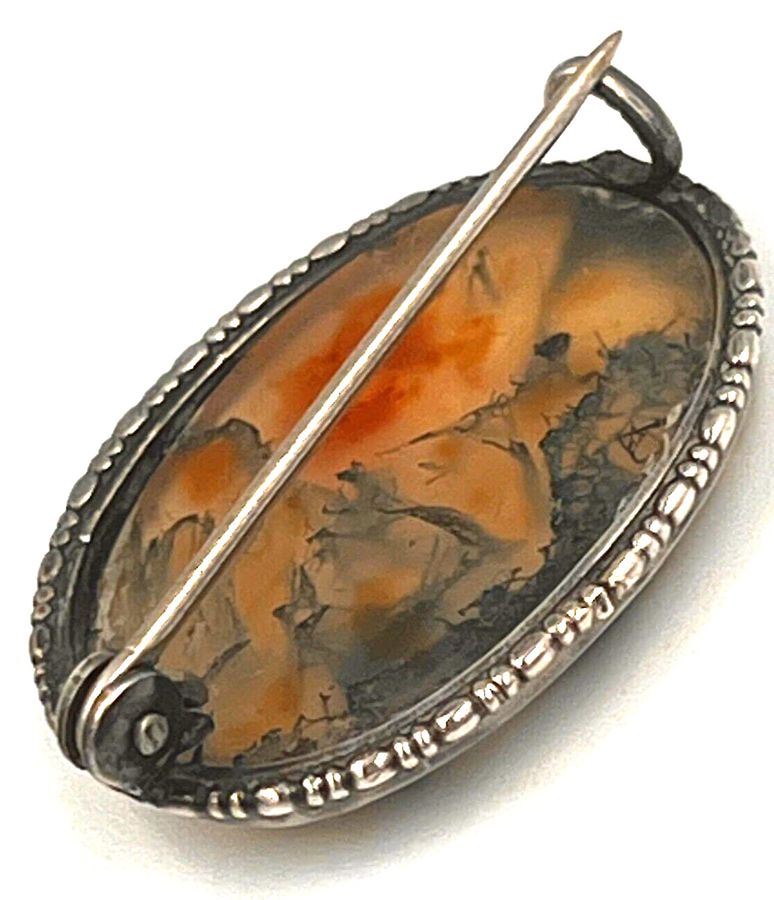 Antique Antique Victorian Oval Solid Silver & Dendritic Agate Chalcedony Brooch