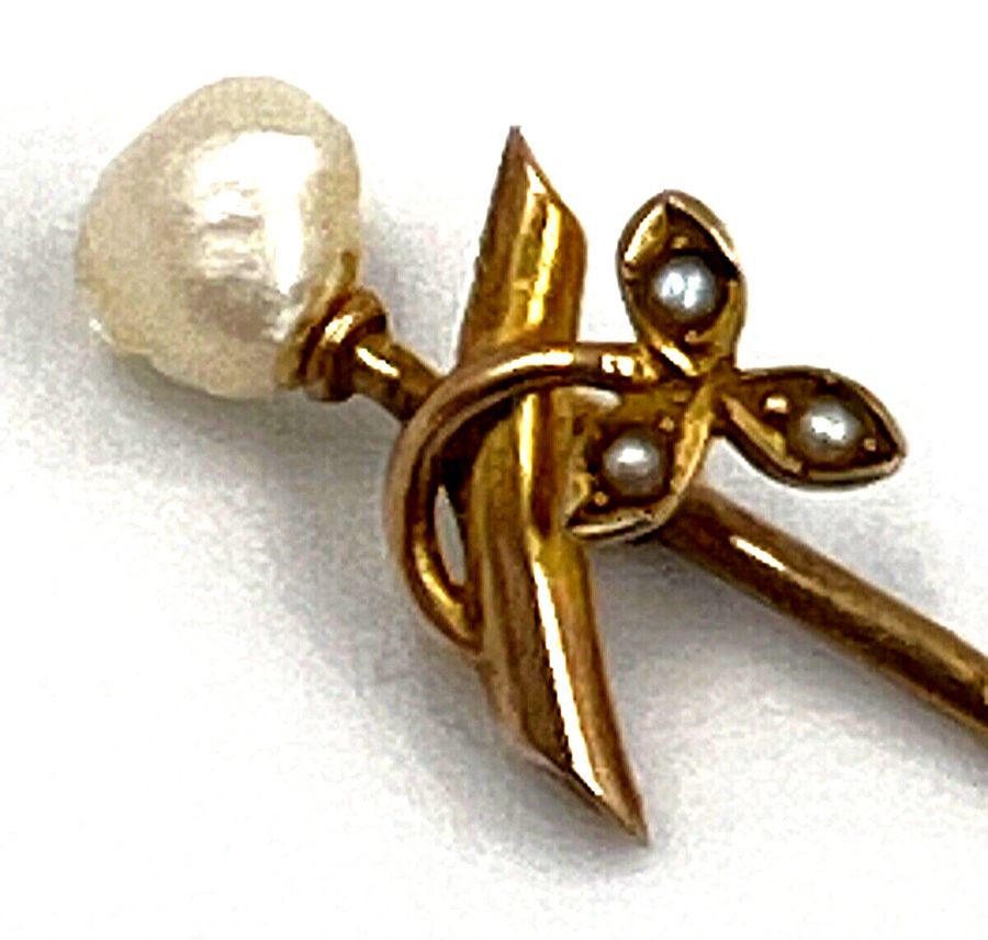 Antique Antique Murrle Bennett & Co Stickpin 9CT Gold Baroque & Split Pearl Circa 1900