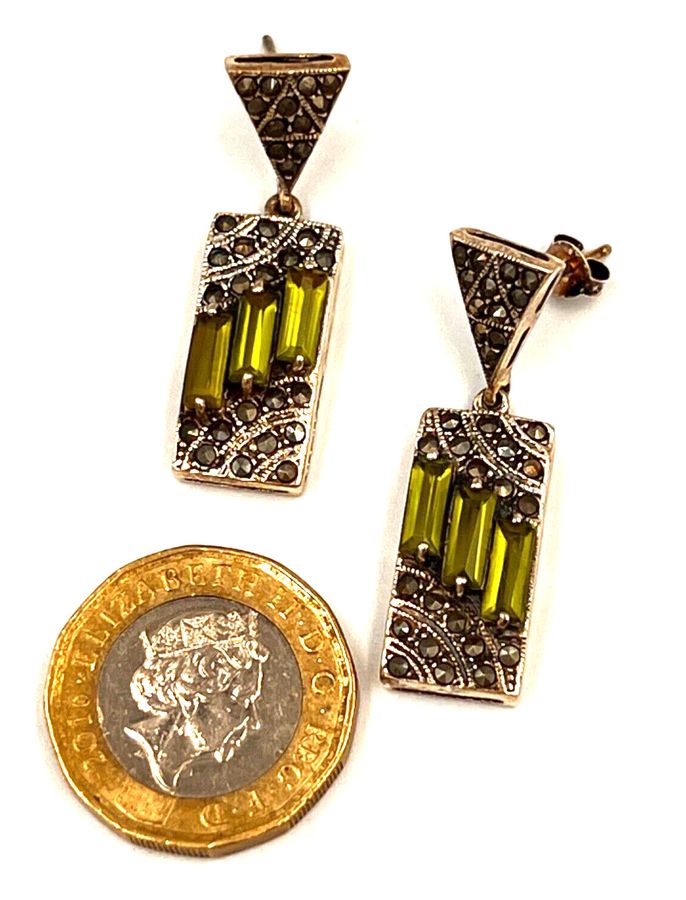 Antique Antique Art Deco Czech Peridot Green  & Marcasite Sterling Silver Drop Earrings