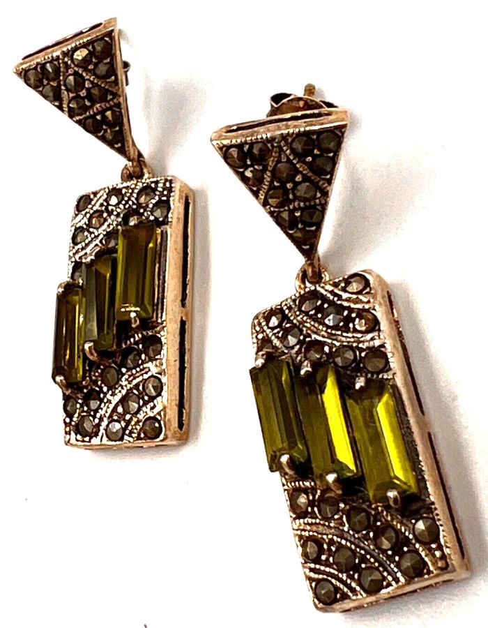 Antique Antique Art Deco Czech Peridot Green  & Marcasite Sterling Silver Drop Earrings