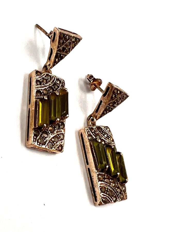 Antique Antique Art Deco Czech Peridot Green  & Marcasite Sterling Silver Drop Earrings