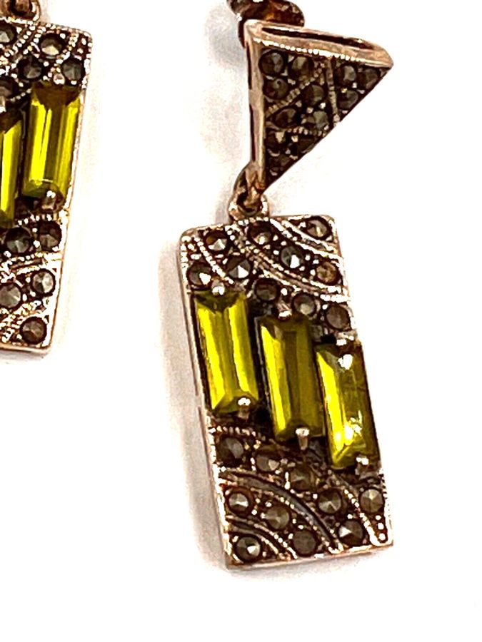 Antique Antique Art Deco Czech Peridot Green  & Marcasite Sterling Silver Drop Earrings