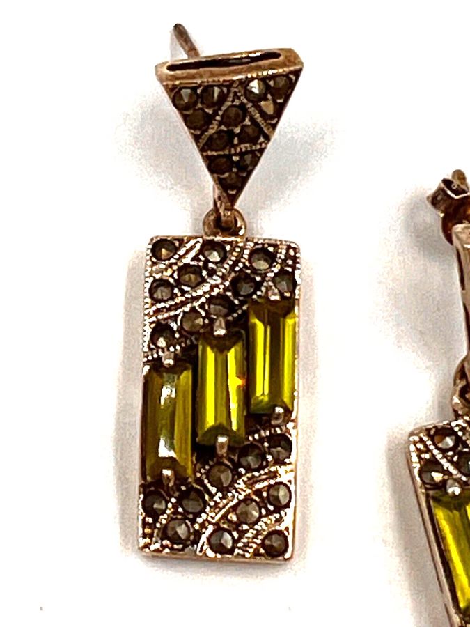 Antique Antique Art Deco Czech Peridot Green  & Marcasite Sterling Silver Drop Earrings