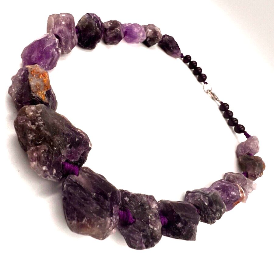 Antique Vintage Natural Unpolished & Polished Amethyst Necklace Choker with Silver Clasp