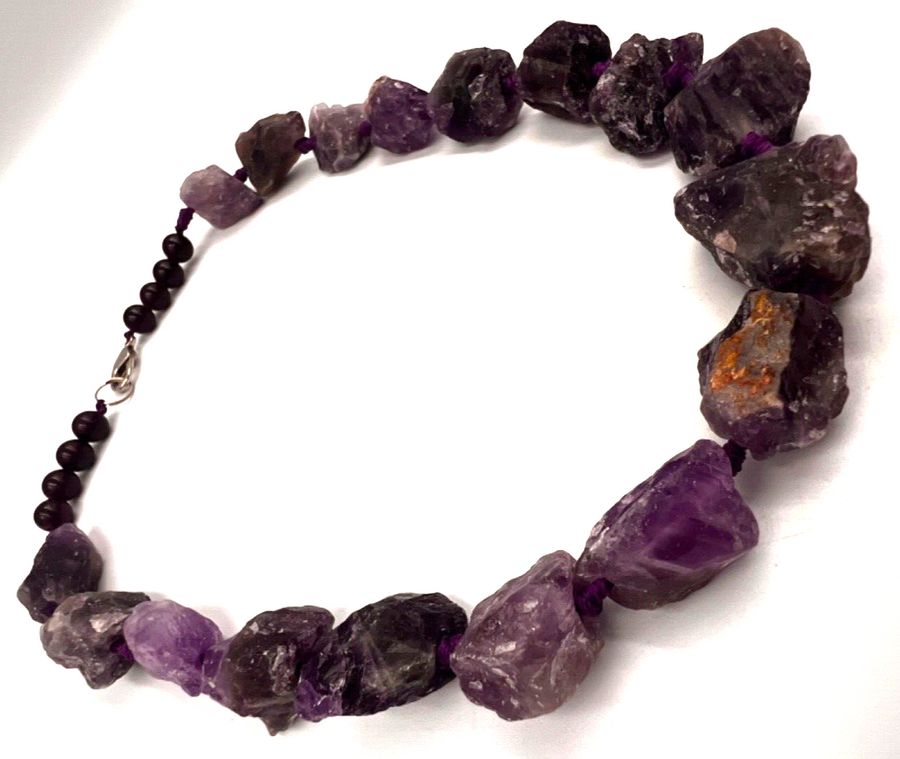 Antique Vintage Natural Unpolished & Polished Amethyst Necklace Choker with Silver Clasp