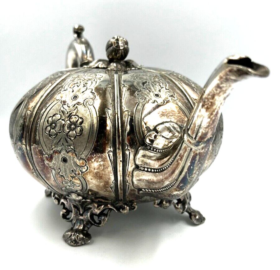 Antique Antique Rare Silver Plated Pumpkin Teapot Acorn Finial Gourd Shaped & Footed