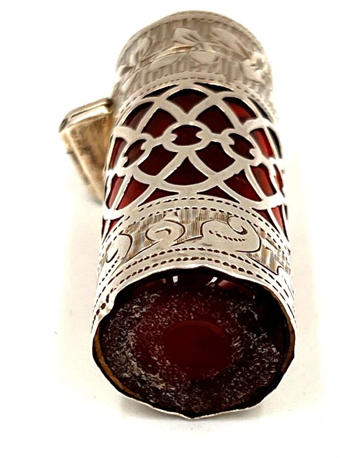 Antique Antique 1904 Sterling Silver & Cranberry Glass Perfume Bottle Hallmarked