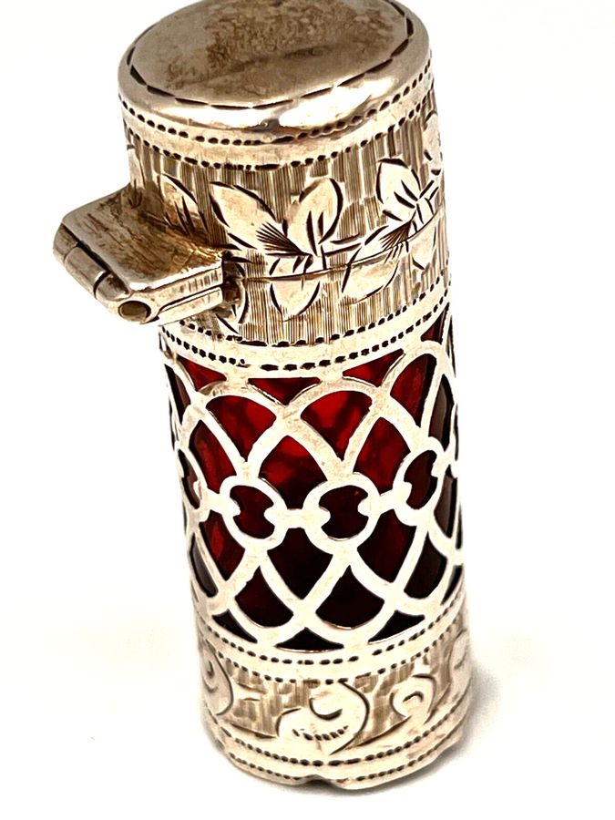 Antique Antique 1904 Sterling Silver & Cranberry Glass Perfume Bottle Hallmarked