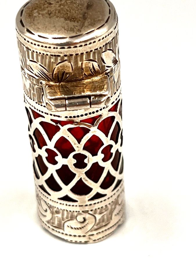 Antique Antique 1904 Sterling Silver & Cranberry Glass Perfume Bottle Hallmarked