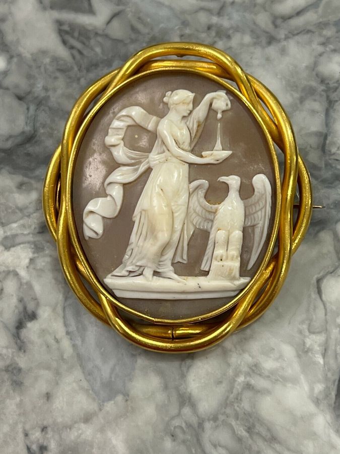 Antique Vintage Carved Shell Large Cameo Depicting Hebe and the Eagle