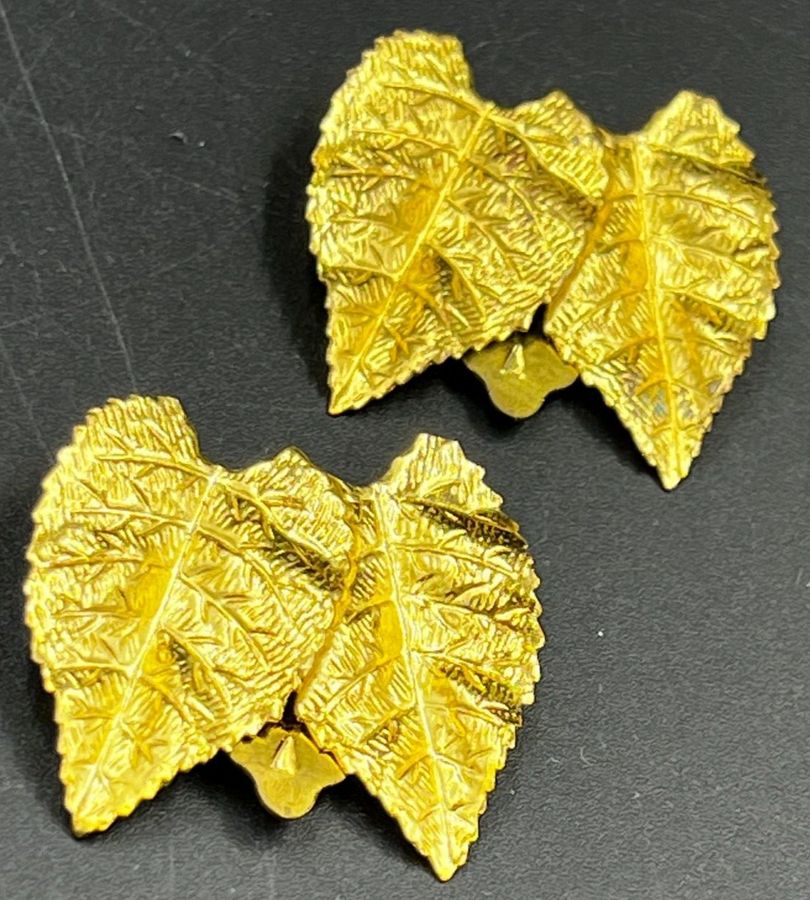 Antique Vintage Very Large Gold Tone  Earrings Clip On Double Leaf Shaped B