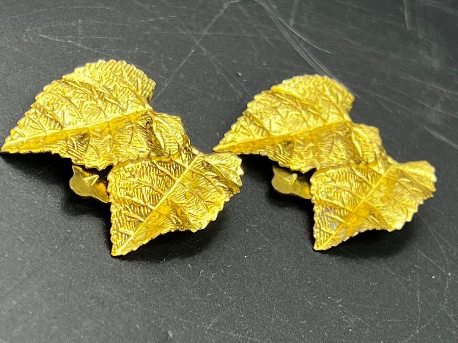 Antique Vintage Very Large Gold Tone  Earrings Clip On Double Leaf Shaped B