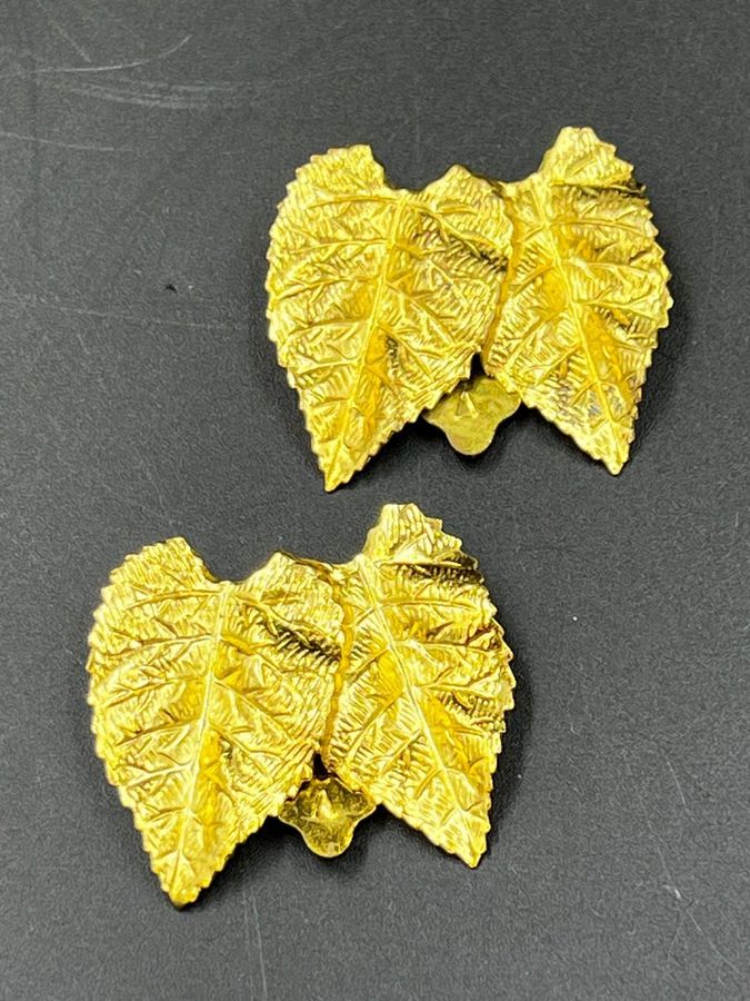 Antique Vintage Very Large Gold Tone  Earrings Clip On Double Leaf Shaped B