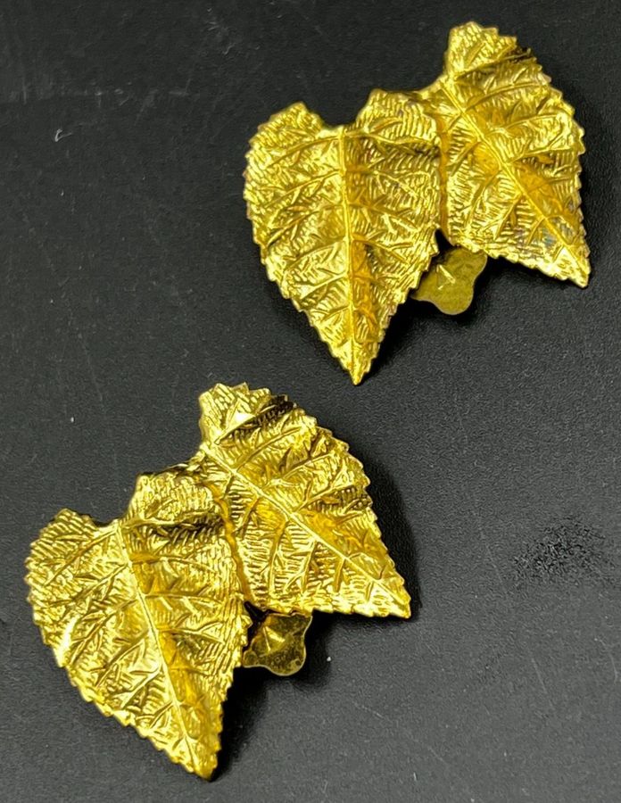 Antique Vintage Very Large Gold Tone  Earrings Clip On Double Leaf Shaped B