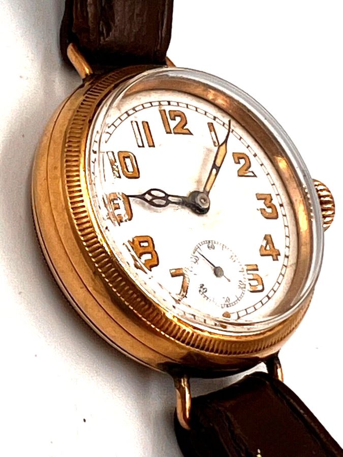 Antique Edwardian 9ct Gold cased officers trench wire-lug wristwatch London 1909