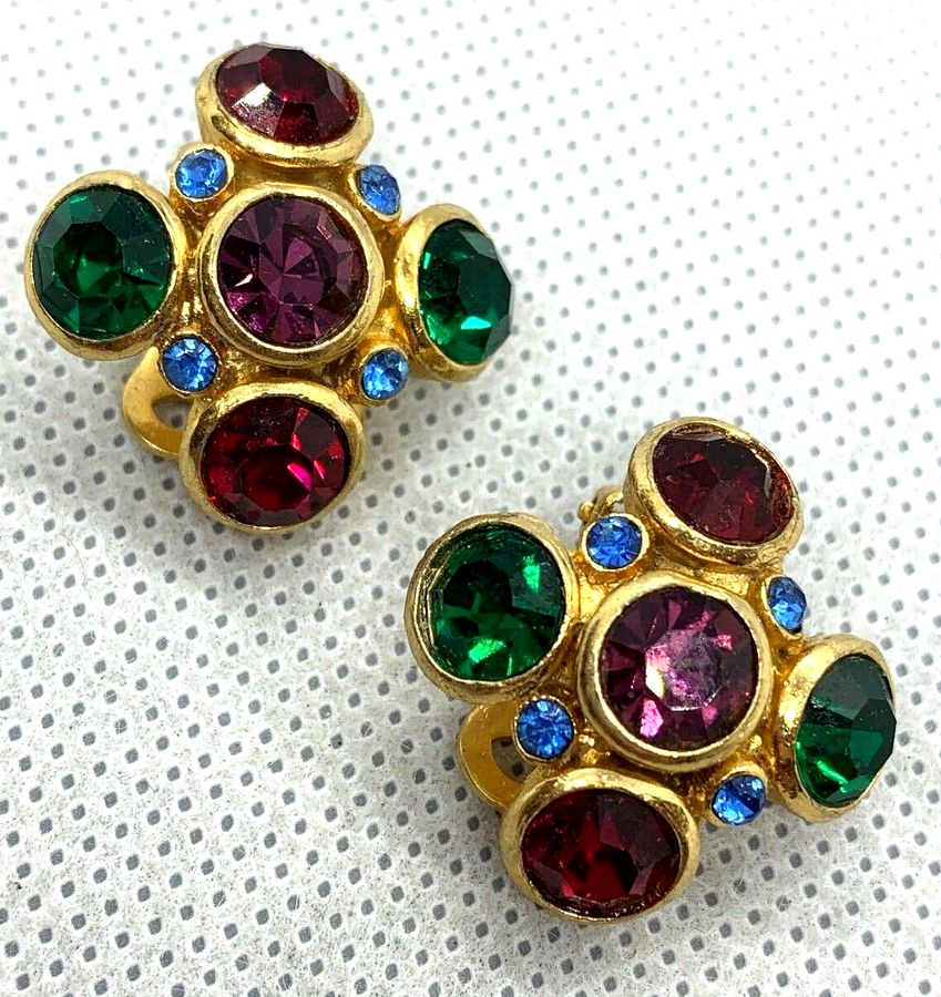 Antique Vintage Art Deco Czech Multi Colour Clip On Earrings