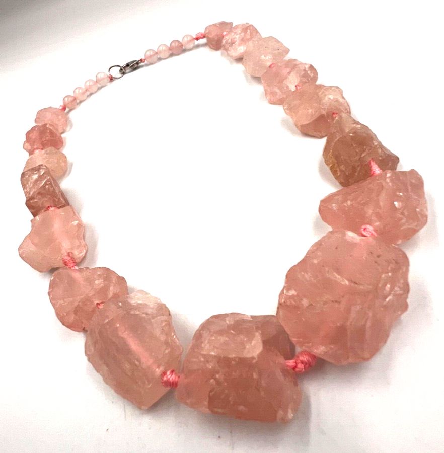 Antique Vintage Natural Unpolished & Polished Rose Quartz Necklace Choker  Silver Clasp