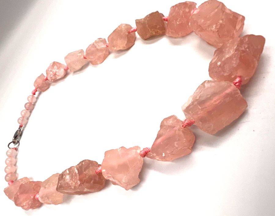 Antique Vintage Natural Unpolished & Polished Rose Quartz Necklace Choker  Silver Clasp