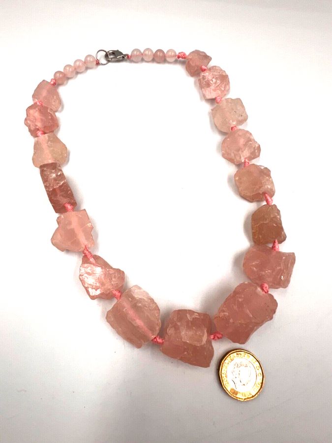 Antique Vintage Natural Unpolished & Polished Rose Quartz Necklace Choker  Silver Clasp