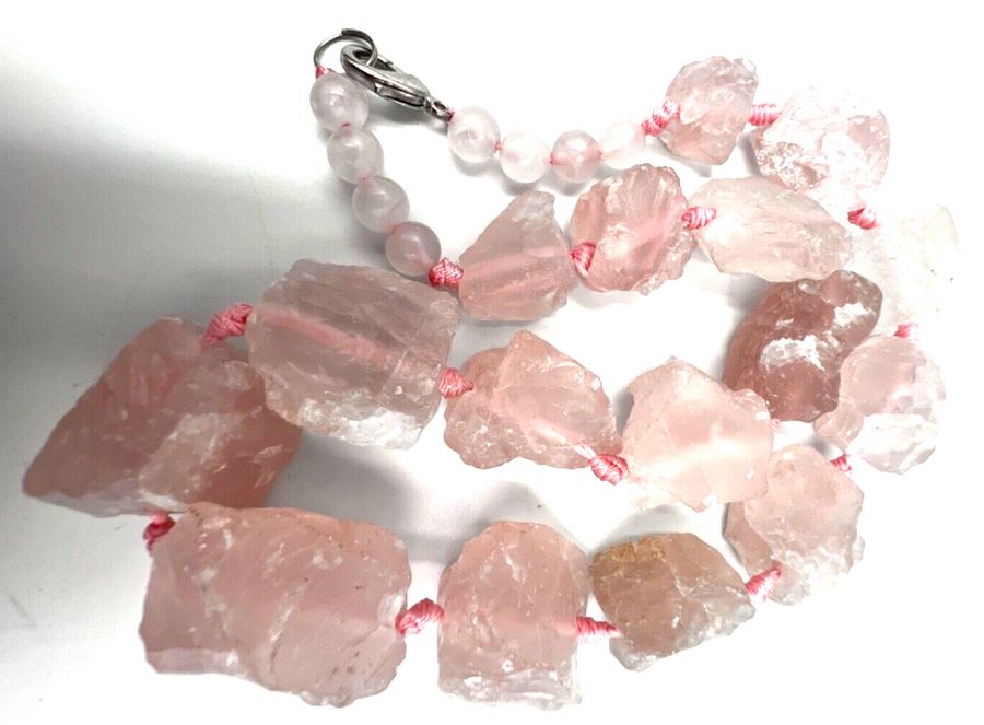 Antique Vintage Natural Unpolished & Polished Rose Quartz Necklace Choker  Silver Clasp