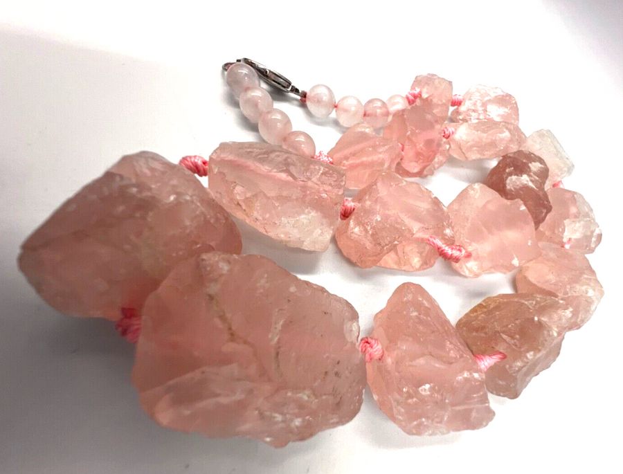 Antique Vintage Natural Unpolished & Polished Rose Quartz Necklace Choker  Silver Clasp